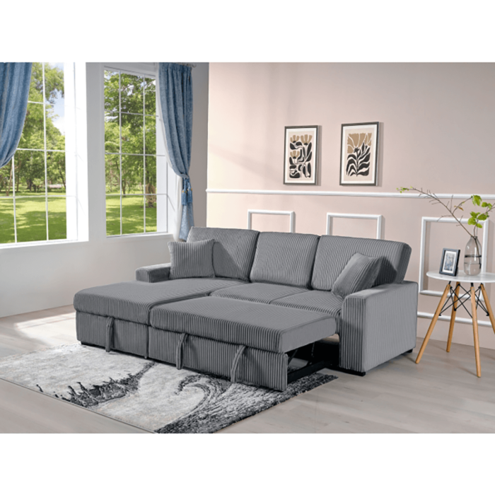 8060 Dark Gray Corduroy Fabric Pull Out Sectional Sofa & Storage By Milton Green Stars storage open sleeper open product image
