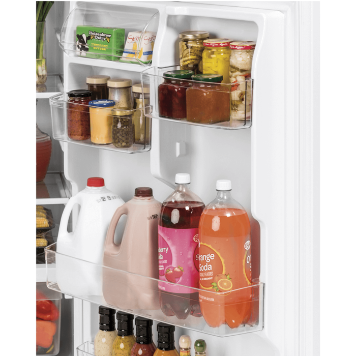 GE® 21.9 Cu. Ft. Top-Freezer Refrigerator in White door with food product image