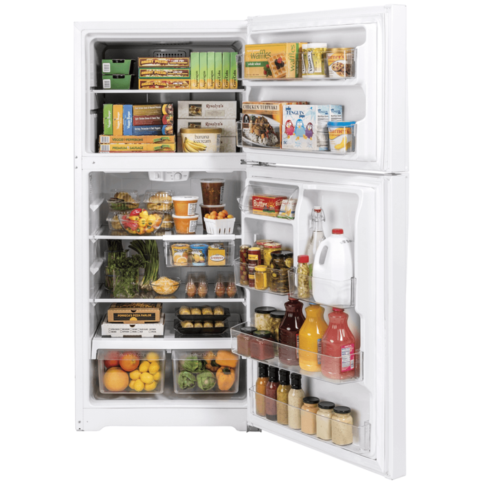 GE® 21.9 Cu. Ft. Top-Freezer Refrigerator in White door open with food product image