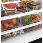 GE® ENERGY STAR® 21.9 Cu. Ft. Fingerprint Resistant Counter-Depth French-Door Refrigerator humidify drawer close up product image