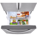 LRFCS25D3S 25 cu. ft. French Door Refrigerator with Ice Maker By LG freezer door open with food in it product image