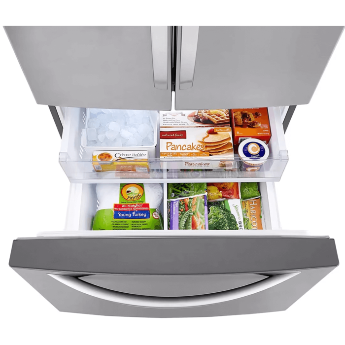 LRFCS25D3S 25 cu. ft. French Door Refrigerator with Ice Maker By LG freezer door open with food in it product image