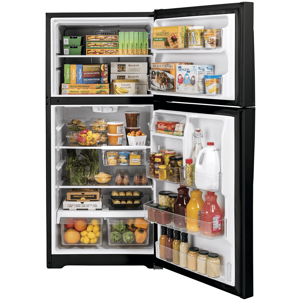 GE® 19.2 Cu. Ft. Garage Ready Top-Freezer Refrigerator open and full GE® 19.2 Cu. Ft. Garage Ready Top-Freezer Refrigerator open and full product image