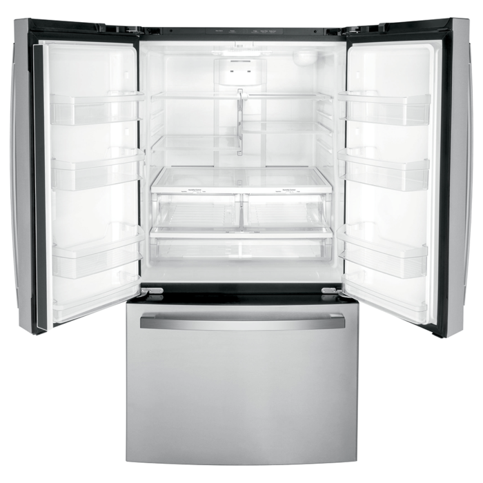 GE® ENERGY STAR® 21.9 Cu. Ft. Fingerprint Resistant Counter-Depth French-Door Refrigerator door open no food product image