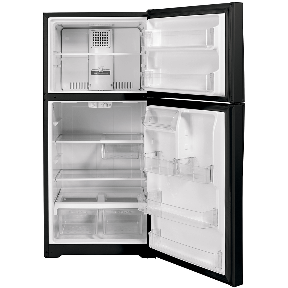 GE® 19.2 Cu. Ft. Garage Ready Top-Freezer Refrigerator empty and open GE® 19.2 Cu. Ft. Garage Ready Top-Freezer Refrigerator empty and open product image