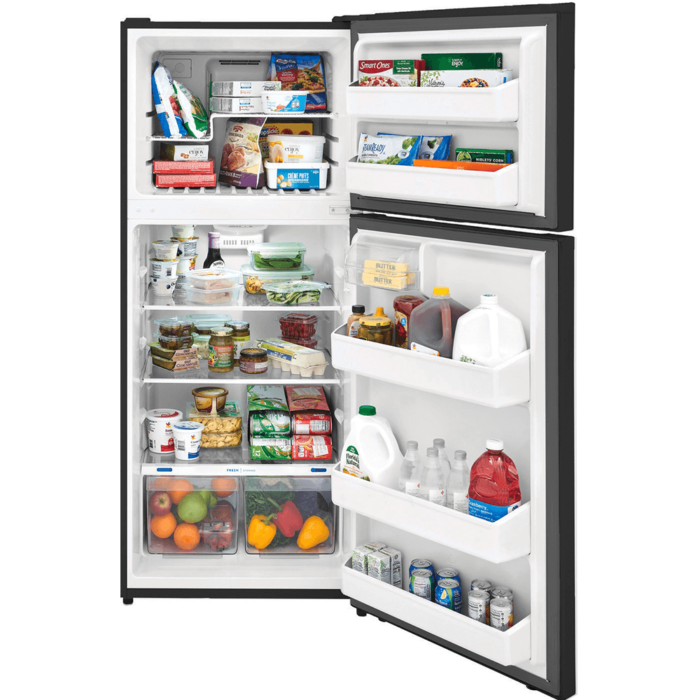 Frigidaire 17.6 Cu. Ft. Top Freezer Refrigerator in Black open with food product image