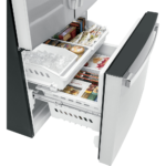 GE® ENERGY STAR® 21.9 Cu. Ft. Fingerprint Resistant Counter-Depth French-Door Refrigerator freezer close up product image