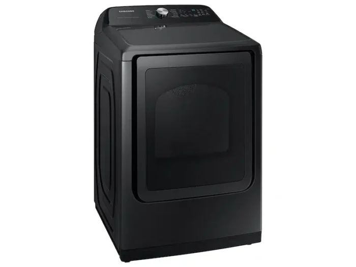 Samsung 7.4 cu. ft. Smart Gas Dryer with Steam Sanitize+ in Brushed Black angled product image
