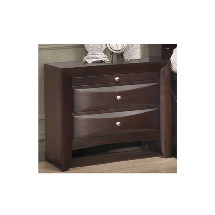 Emily Storage bedroom set nighstand product image with 3 drawers the first of which is a pull out writing drawer in a dark cherry wood finish.
