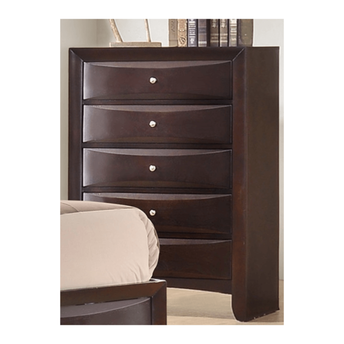 Emily Storage bedroom set chest with 5 drawers and silver knobs in a dark cherry wood finish.