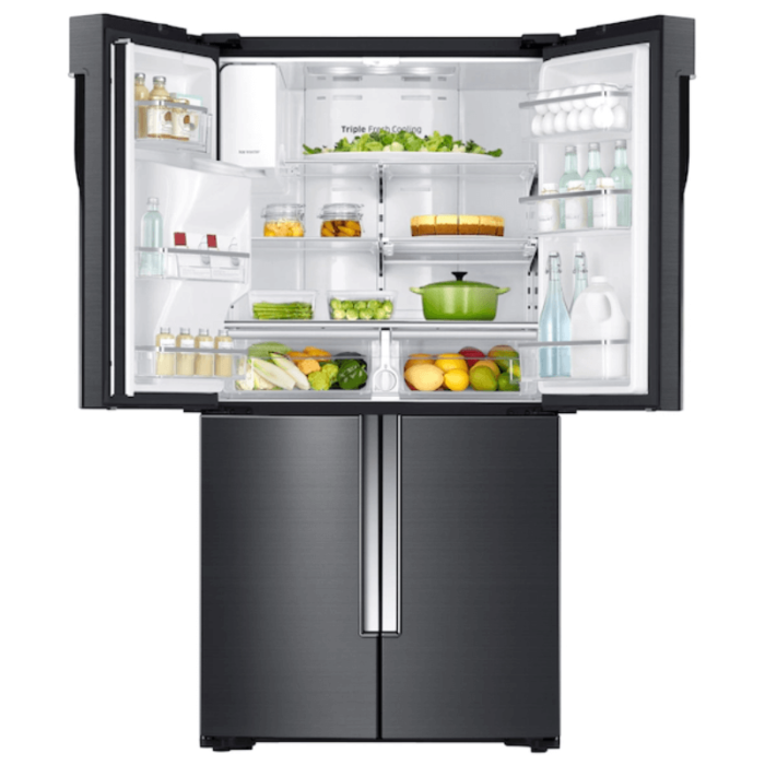 Samsung RF23J9011SG French Door 23 cu. ft. Counter Depth 4-Door in black stainless steel top open with food