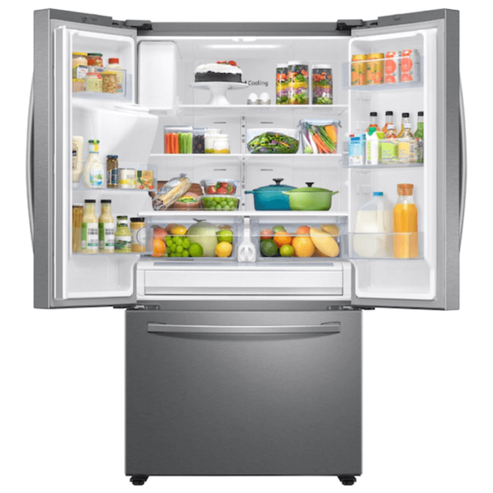 RF27T5201SR 27 cu. ft. Large Capacity 3-Door French Door Refrigerator with External Water & Ice Dispenser in Stainless Steel open with food product image