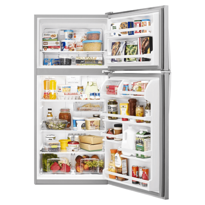 Whirlpool 18 cu. ft. 30-inch Wide Top Freezer Refrigerator open with food product image
