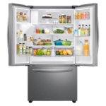 Samsung 26.5 cu. ft. Large Capacity 3-Door French Door Refrigerator with Family Hub™ and External Water & Ice Dispenser in Stainless Steel door open with food product image