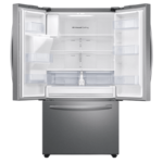 Samsung 26.5 cu. ft. Large Capacity 3-Door French Door Refrigerator with Family Hub™ and External Water & Ice Dispenser in Stainless Steel door open without food product image