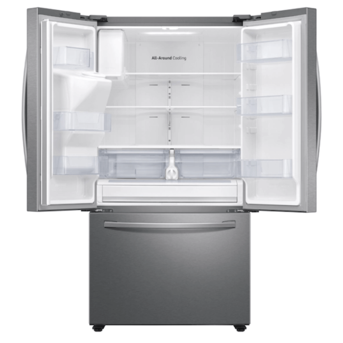Samsung 26.5 cu. ft. Large Capacity 3-Door French Door Refrigerator with Family Hub™ and External Water & Ice Dispenser in Stainless Steel door open without food product image