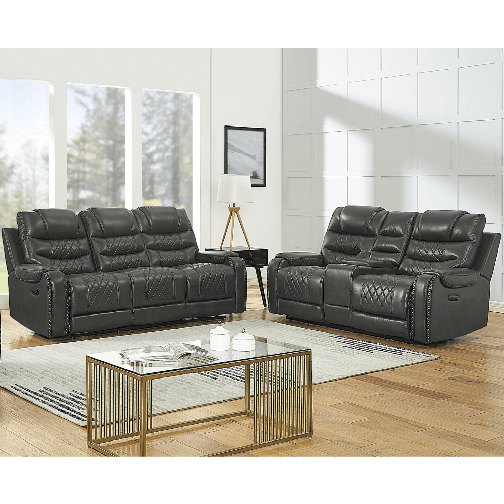 Tennessee Dual Power Reclining Sofa and Loveseat in Black Practical Faux Leather Upholstery By LJM Furniture Tennessee Dual Power Reclining Sofa and Loveseat in Black Practical Faux Leather Upholstery By LJM Furniture product image