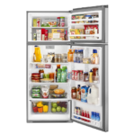 Whirlpool 28" Wide Refrigerator in Stainless Steel Finish open with food product image