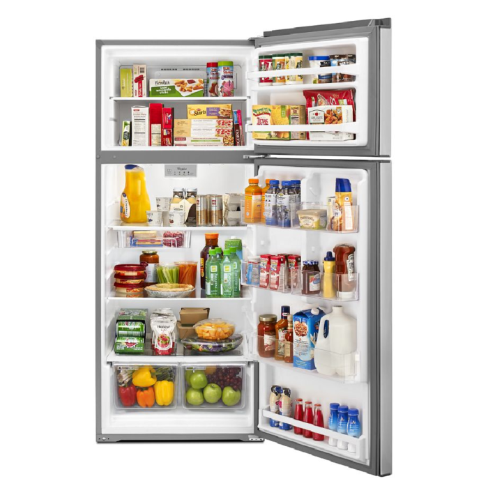 Whirlpool 28" Wide Refrigerator in Stainless Steel Finish open with food product image