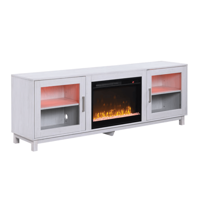 Summit White Walnut TV Stand with Fireplace By Lilola Home Handle close upangled led lights on red product image