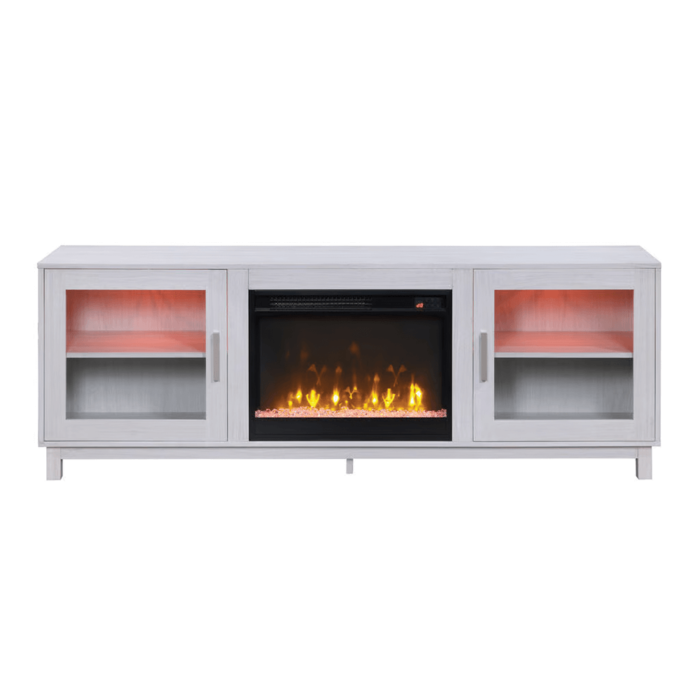 Summit White Walnut TV Stand with Fireplace By Lilola Home Handle close up angled led lights on red head on