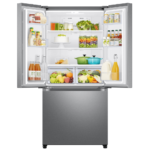 Samsung 18 Cu. Ft. Smart Counter Depth 3-Door French Door Refrigerator in Stainless Steel opened with food product image
