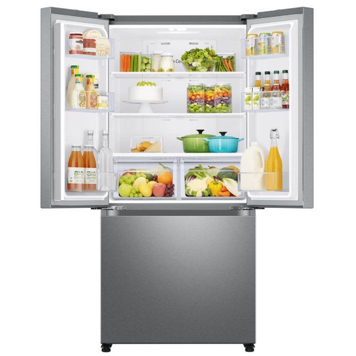 Samsung 18 Cu. Ft. Smart Counter Depth 3-Door French Door Refrigerator in Stainless Steel opened with food product image