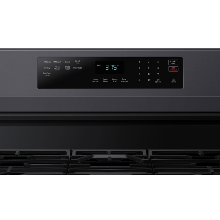 Samsung 6.0 cu. ft. Smart Freestanding Gas Range with No-Preheat Air Fry & Convection in Black Stainless Steel close up of controls product image