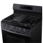 Samsung 6.0 cu. ft. Smart Freestanding Gas Range with No-Preheat Air Fry & Convection in Black Stainless Steel angled view of top griddle product image