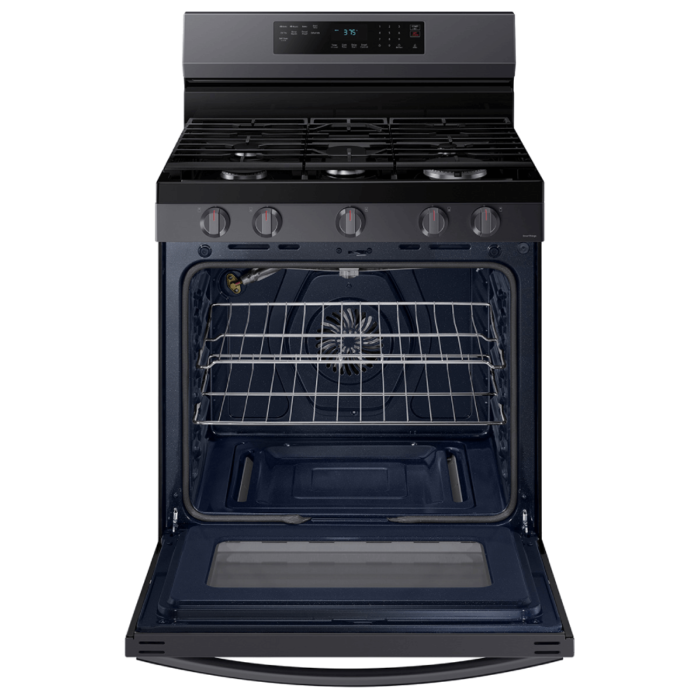 Samsung 6.0 cu. ft. Smart Freestanding Gas Range with No-Preheat Air Fry & Convection in Black Stainless Steel oven open product image