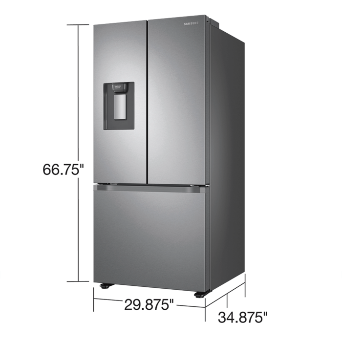 Samsung 22 cu. ft. Smart 3-Door French Door Refrigerator with External Water Dispenser in Fingerprint Resistant Stainless Steel dimensions product image