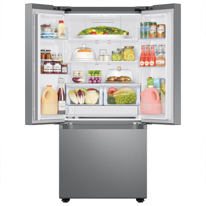Samsung 22 cu. ft. Smart 3-Door French Door Refrigerator with External Water Dispenser in Fingerprint Resistant Stainless Steel fridge open with food showing product image