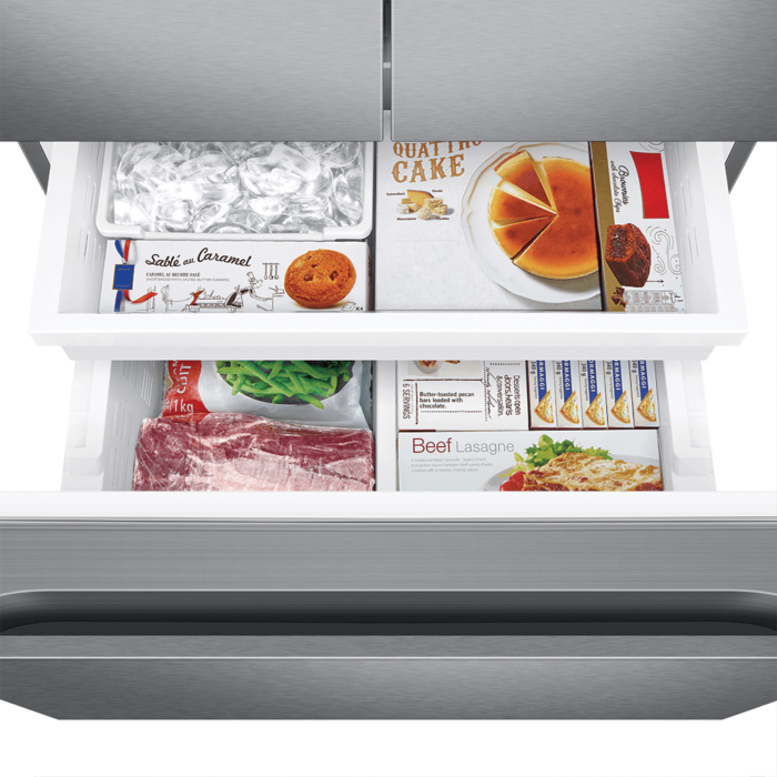 Samsung 22 cu. ft. Smart 3-Door French Door Refrigerator with External Water Dispenser in Fingerprint Resistant Stainless Steel freezer product image