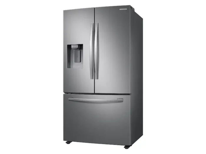 RF27T5201SR 27 cu. ft. Large Capacity 3-Door French Door Refrigerator with External Water & Ice Dispenser in Stainless Steel angled product image