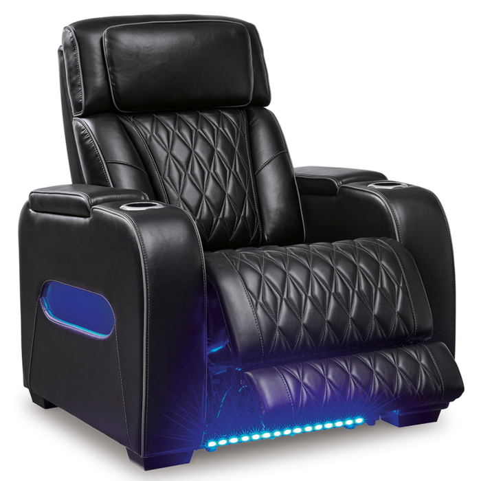 Boyington in Black Dual Power Leather Recliner Chair By Ashley no background with lights on and open product image