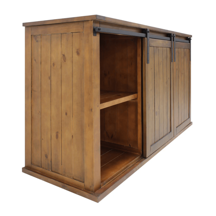 VT-RUSTICRED3D Rustic TV Stand with Sliding Doors By Home Source Design wine glasses shelf close up product image