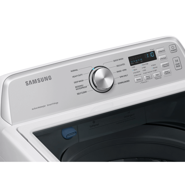 4.6 cu. ft. Large Capacity Smart Top Load Washer with ActiveWave™ Agitator and Active WaterJet in White panel close up product image