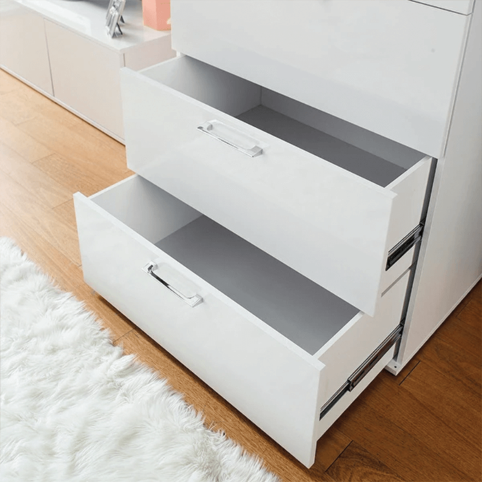 Glossy 4 Drawer Jumbo Chest in White By Klair Living drawer close up product image