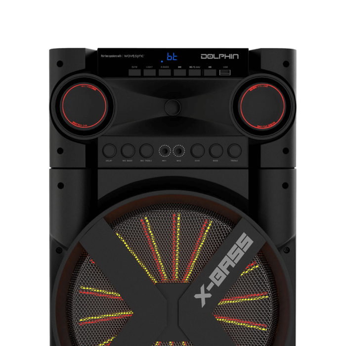 XL-312 6000 Watt Triple 12" Speakers with Microphone By Dolphin close up yellow and red lights product image