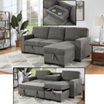 Estelle Dark Gray Fabric Reversible Sleeper Sectional with Storage Chaise Drop-Down Table 2 Cup Holders and 2 USB Ports By Lilola Home showing sleeper and drop down arm rest product image