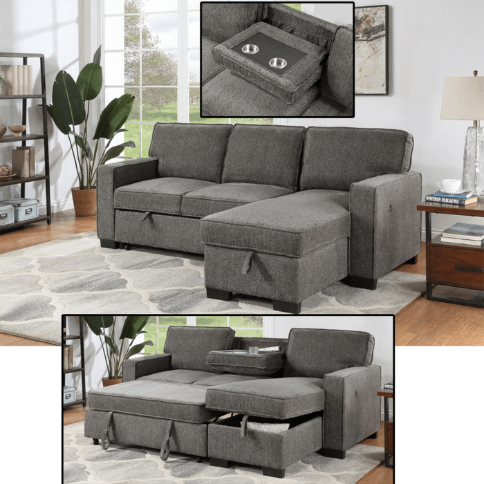 Estelle Dark Gray Fabric Reversible Sleeper Sectional with Storage Chaise Drop-Down Table 2 Cup Holders and 2 USB Ports By Lilola Home showing sleeper and drop down arm rest product image