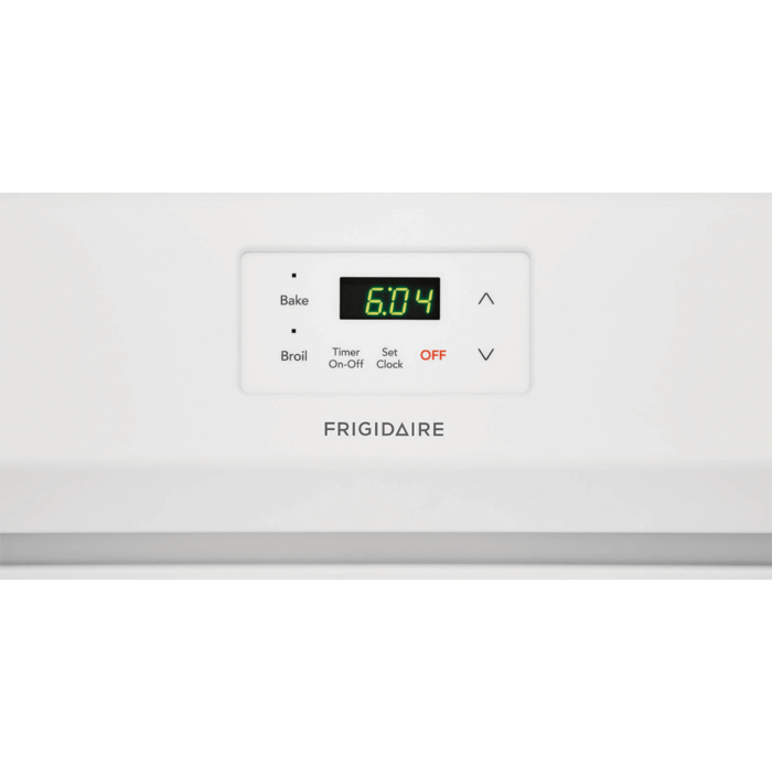 30" Gas Range in White By Frigidaire clock close up product image