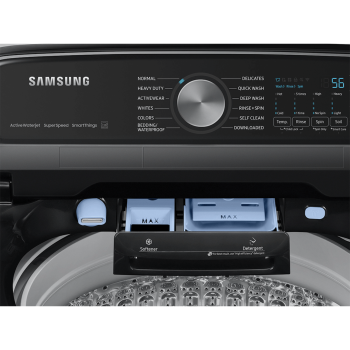 5.4 cu. ft. Extra-Large Capacity Smart Top Load Washer with ActiveWave™ Agitator and Super Speed Wash in Brushed Black controls close up product image