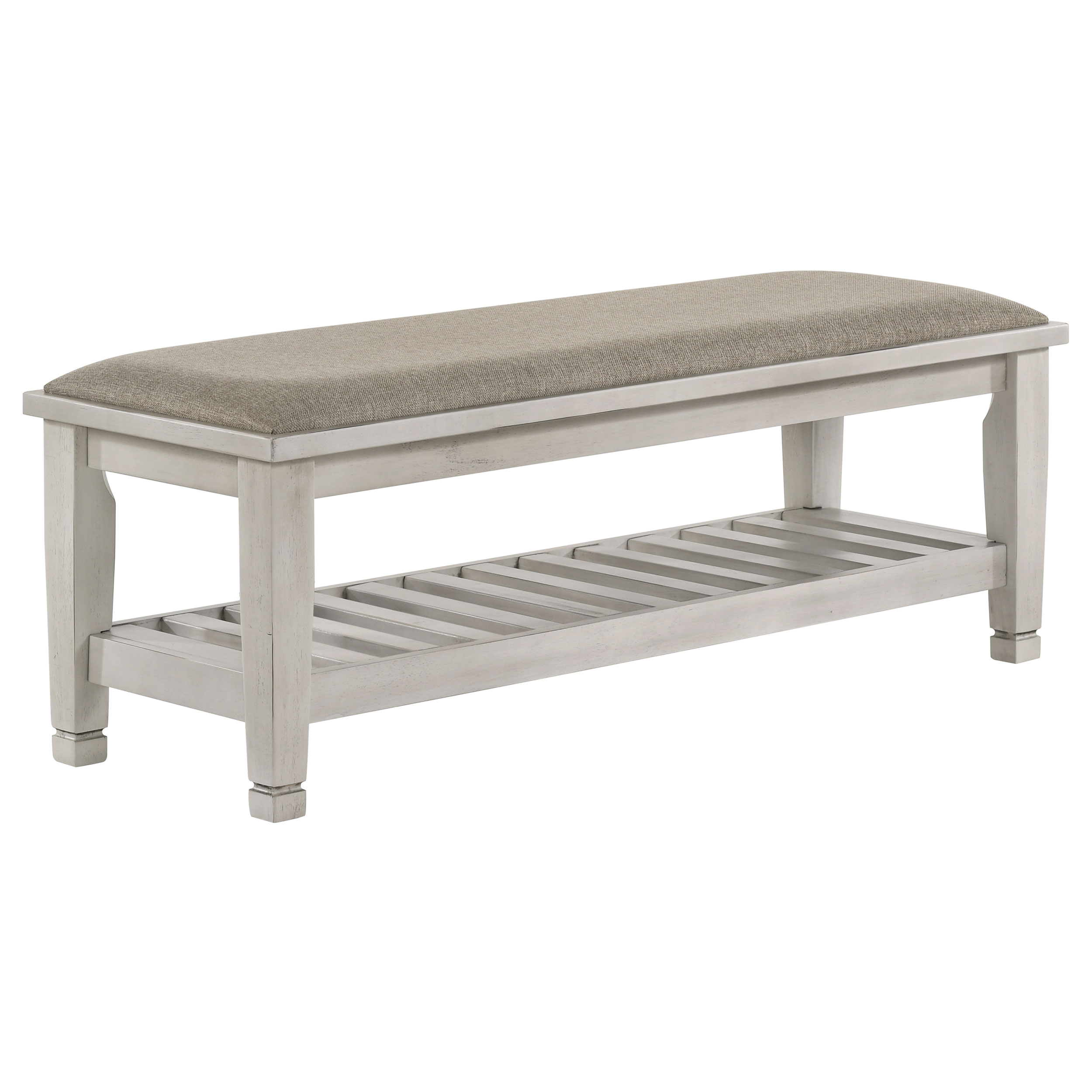 Franco Fabric Upholstered Bench with Shelf Distressed White Franco Fabric Upholstered Bench with Shelf Distressed White product image