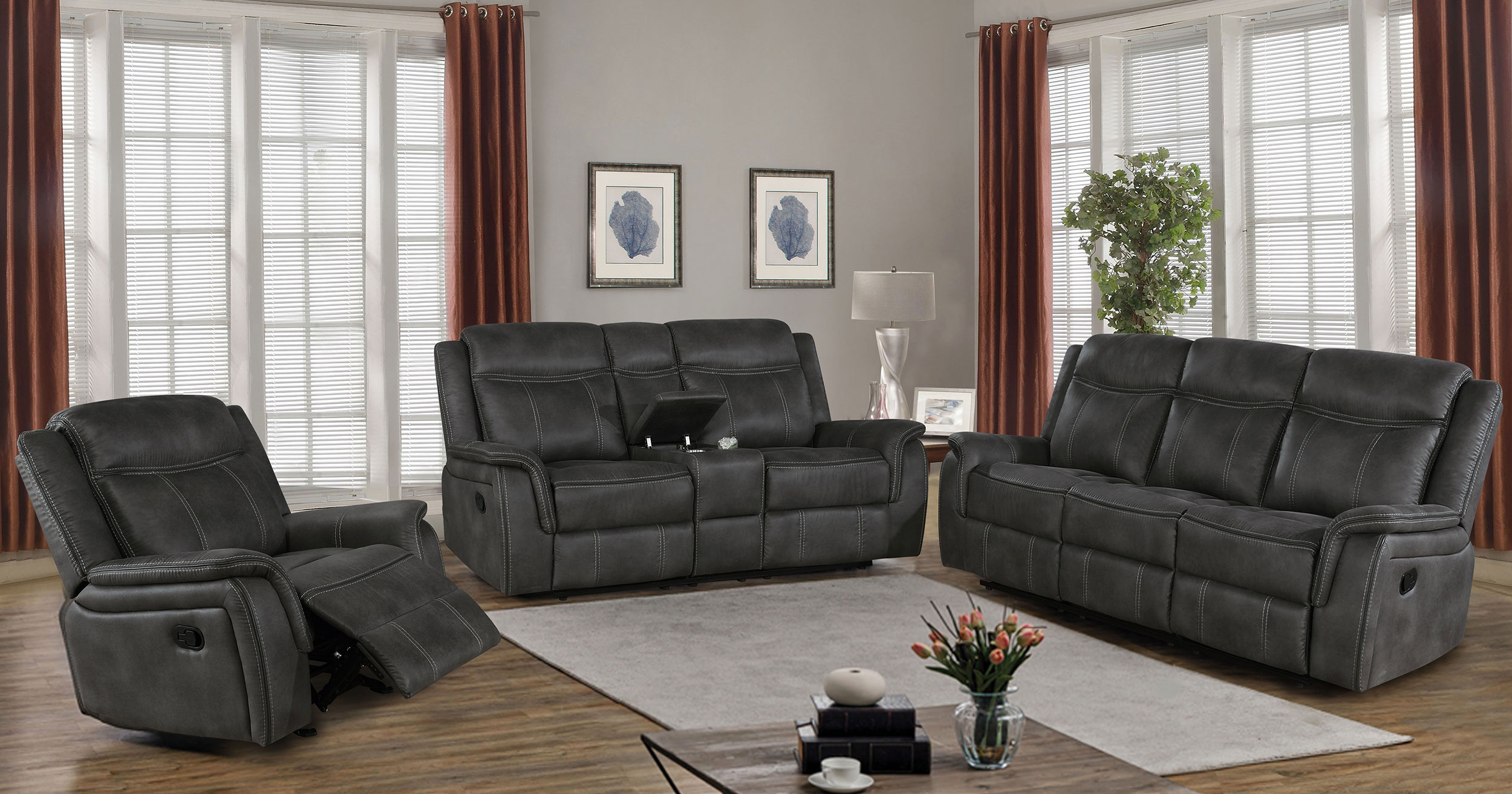 Lawrence 3-piece Upholstered Reclining Sofa Set Charcoal Lawrence 3-piece Upholstered Reclining Sofa Set Charcoal product image