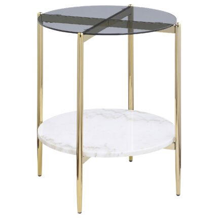 Jonelle Round Glass Top End Table White Marble Shelf Gold product image
