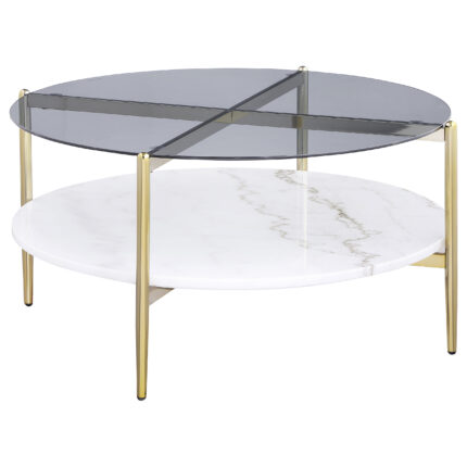 Jonelle Round Glass Top Coffee Table White Marble Shelf Gold product image
