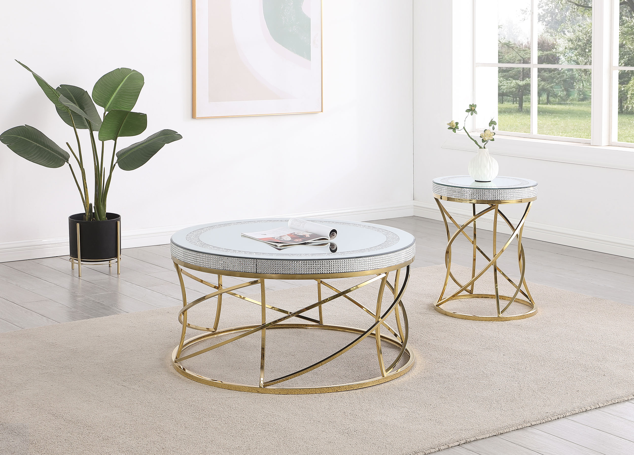 Elise 2-piece Round Mirror Top Coffee and End Table Set Gold Elise 2-piece Round Mirror Top Coffee and End Table Set Gold product image
