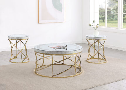 Elise 3-piece Round Mirror Top Coffee and End Table Set Gold product image