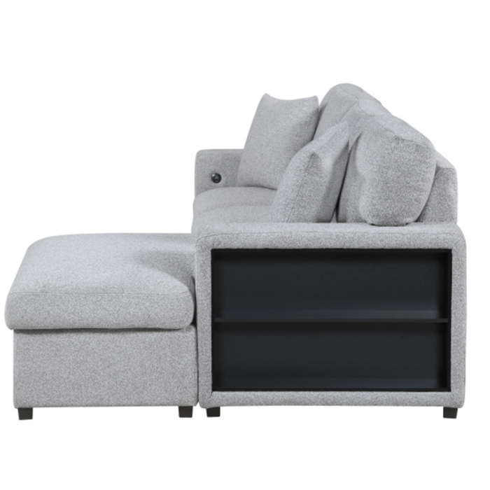 Pompano Sectional with Right Chaise, Pull-out Bed, Hidden Storage and Shelves, Charging Ports By Home Elegance no background drop down side profile product image